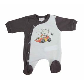   Vékony, pamut, elöl patentos kisfiú rugdalózó Autós maci mintával