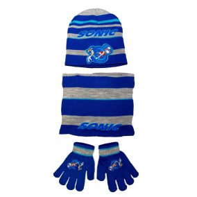   Bélelt kötött 3 részes sapka, kesztyű, sál szett Sonic mintával