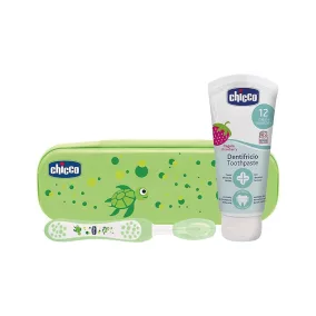   CHICCO Fogkefe és fluoridos fogkrém készlet Always Smiling tokban zöld 12m+