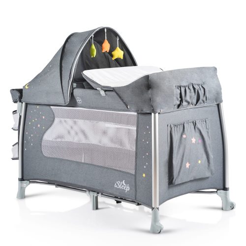 Moni Isleep utazóágy, multifunkciós, pelenkázóval, játékkal, kupolával szürke