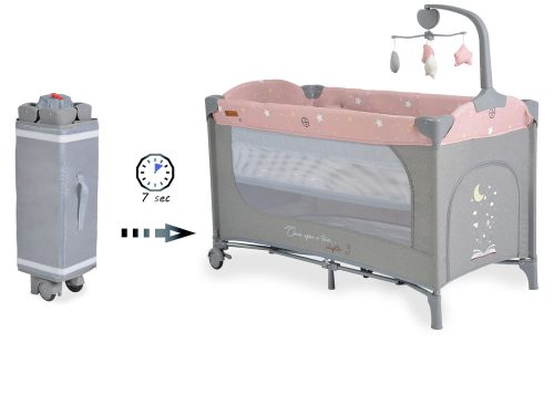 Moni Cangaroo once upon3 2 szintes utazóágy zenélő játékkal, pelenkázós pink