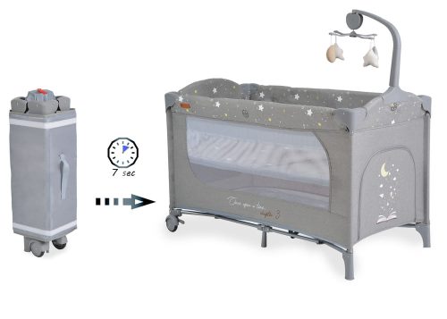 Moni Cangaroo once upon3 2 szintes utazóágy zenélő játékkal, pelenkázós szürke