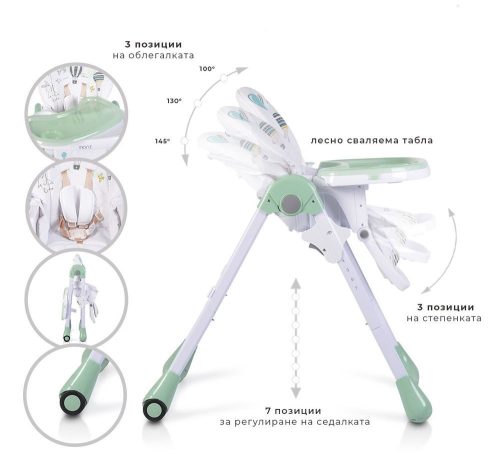 Moni Muffin multifunkciós etetőszék, mintás, 2 kerékkel menta