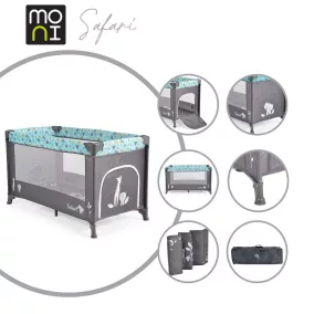   Moni Safari utazóágy 1 szintes, zippes kibújóval, állatmintás türkiz/kék
