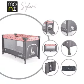   Moni Safari utazóágy 1 szintes, zippes kibújóval, állatmintás pink/rózsa