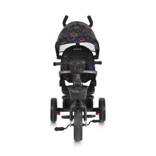 Moni Space tricikli szülőkaros, 360 fokban forgatható skék/narancs űrhajó minták