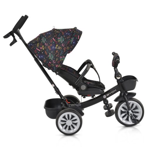 Moni Space tricikli szülőkaros, 360 fokban forgatható skék/narancs űrhajó minták