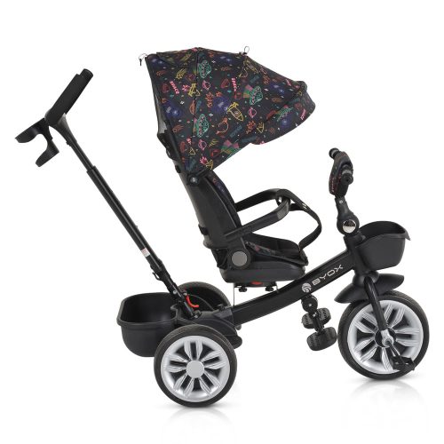 Moni Space tricikli szülőkaros, 360 fokban forgatható skék/narancs űrhajó minták