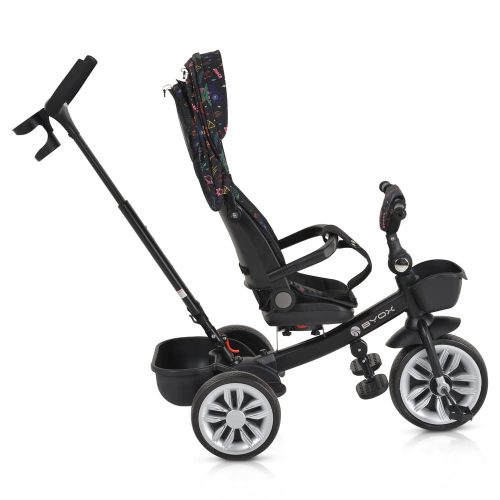 Moni Space tricikli szülőkaros, 360 fokban forgatható skék/narancs űrhajó minták