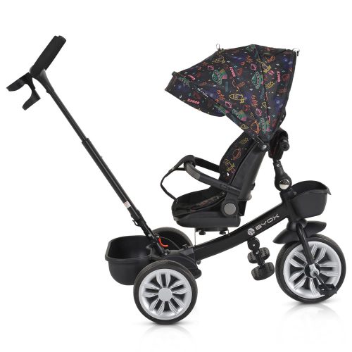 Moni Space tricikli szülőkaros, 360 fokban forgatható skék/narancs űrhajó minták