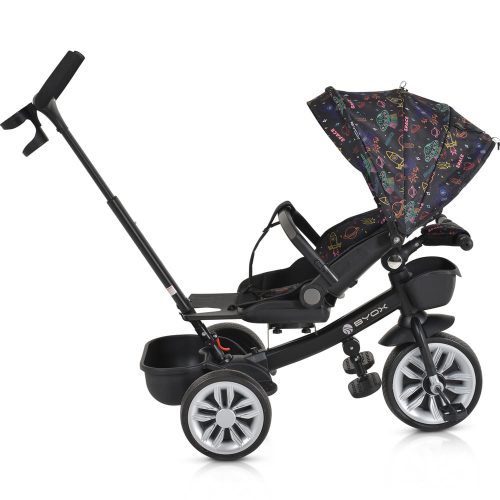 Moni Space tricikli szülőkaros, 360 fokban forgatható skék/narancs űrhajó minták