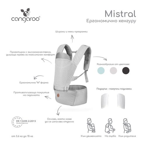 Moni Mistral bébi hordozó 3 poziciós, ergonomikus, hálós türkiz