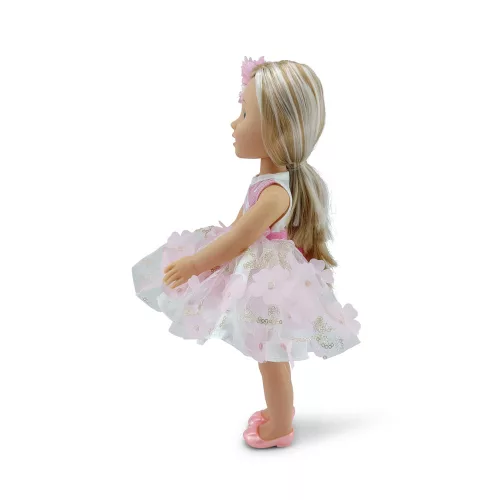 Moni Baba 38 cmes hajasbaba, virágos szoknyás, szőke fehér/rózsaszín