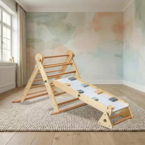 Moni PIKLER 2in1 fa MÁSZÓKA 3szög és mászórámpa Montessori 132*60cm NATUR
