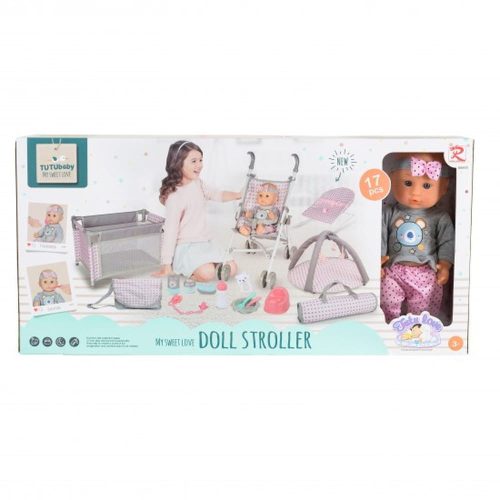 Moni Baba játékszett 36 cm lány babával delux playset szürke