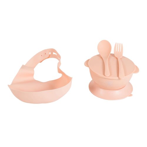 Moni Surprise etetőszék szilikon tányérral, előkével pink