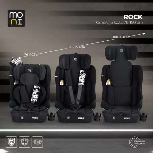 Moni Rock autós ülés 76-150cm, 2játékkal, pohártartó, belső öv, isofix nélkül fekete