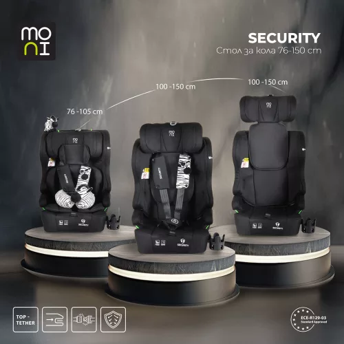 Moni Security autós ülés belső övvel, isofix, ajándék 2plüss+párna 76-150cm fekete