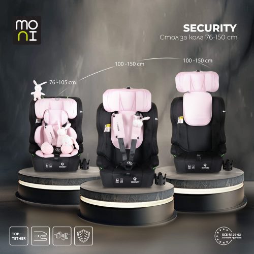 Moni Security autós ülés belső övvel, isofix, ajándék 2plüss+párna 76-150cm pink