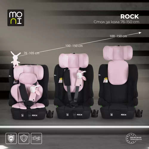 Moni Rock autós ülés 76-150cm, 2játékkal, pohártartó, belső öv, isofix nélkül pink