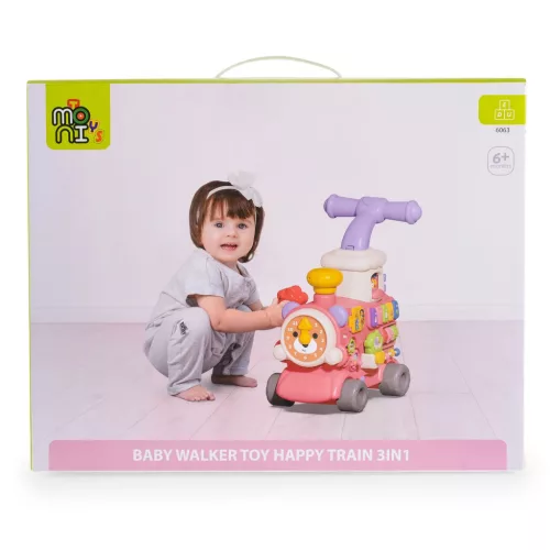 Moni HAPPY TRAIN járássegítő vonat kockákkal formabedobós PINK