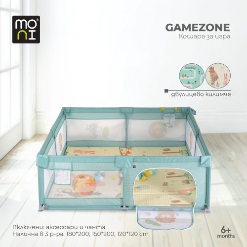 Moni Gamezone járóka összecsukható szőnyeggel, 60 labdával 180x200 menta