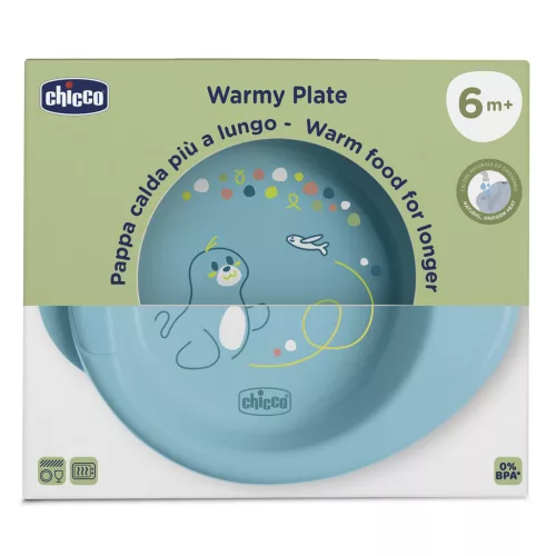 CHICCO Csúszásmentes tányér, amely melegen tartja az ételt, teal színű, 6 hónapos kortól
