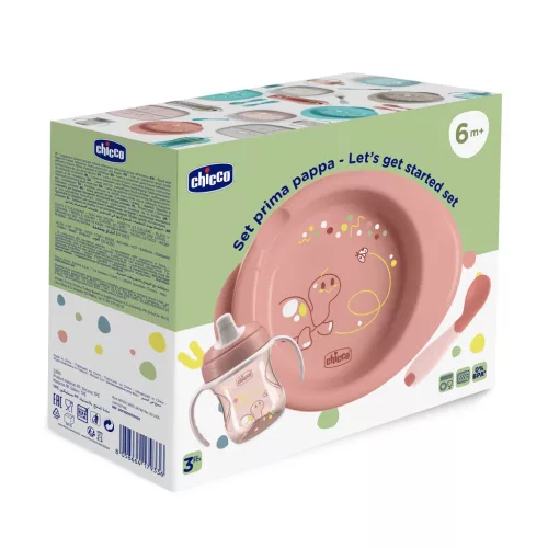 CHICCO Kezdő készlet - tányér, üveg és kanál rózsaszín 6m+