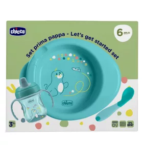 CHICCO Kezdő készlet - tányér, üveg és kanál kék 6m+