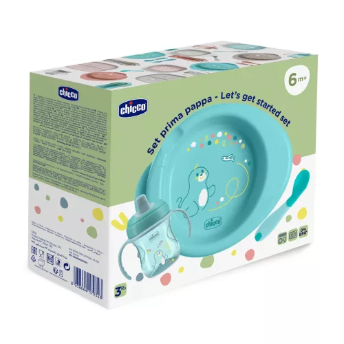 CHICCO Kezdő készlet - tányér, üveg és kanál kék 6m+