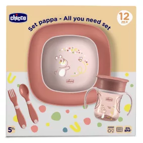   CHICCO Étkezési készlet - tál, tányér, üveg és evőeszköz pink 12m+