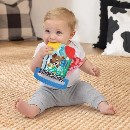 BABY EINSTEIN Puha könyv rágókával és textúrákkal Shapes at the Farm™, 0 hónapos kortól