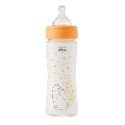 CHICCO Üvegből készült cumisüveg Perfect Easy 240 ml, lassú szilikon áramlás, lányoknak, 0m+