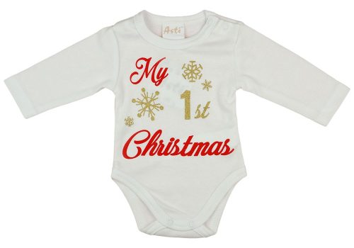 "My first Christmas" feliratos| glitteres hosszú ujjú baba body fehér