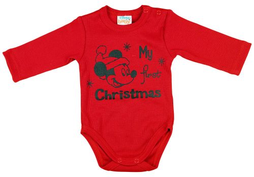 Disney Mickey "My first Christmas" feliratos hosszú ujjú karácsonyi baba body| kombidressz piros