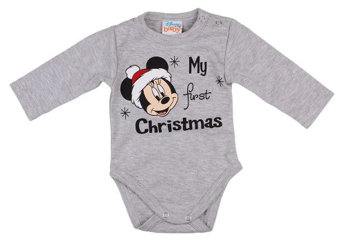 Disney Minnie "My first christmas" feliratos karácsonyi hosszú ujjú baba body szürke