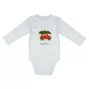 Karácsonyi vintage autós hosszú ujjú baba body fehér