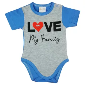   "Love my family" feliratos rövid ujjú baba body kék