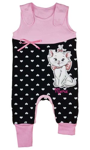 Ujjatlan lábfej nélküli baba rugdalózó Marie cica mintával rózsaszín és sötétkék színben 