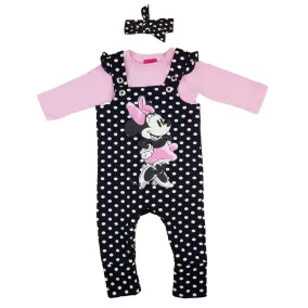 3 részes kislány kantáros baba nadrág szett Minnie mintával sötétkék színben fehér pöttyel