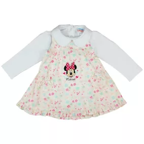 Fodros kantáros kislány ruha body-val Minnie mintával virágos fehér színben