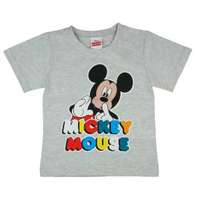 Rövid ujjú kisfiú póló Mickey mintával színes felirattal szürke színben