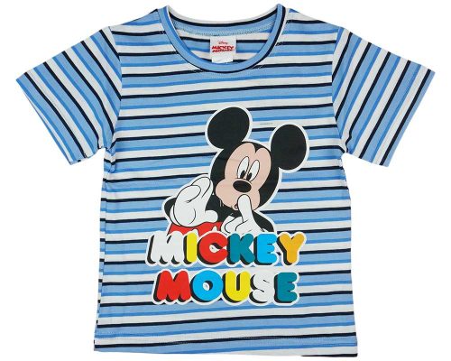 Rövid ujjú kisfiú póló Mickey mintával színes felirattal kék csíkos színben