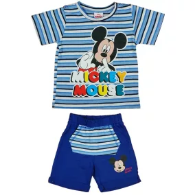 2 részes kisfiú pamut nyári szett Mickey egér mintával kék csíkos színben
