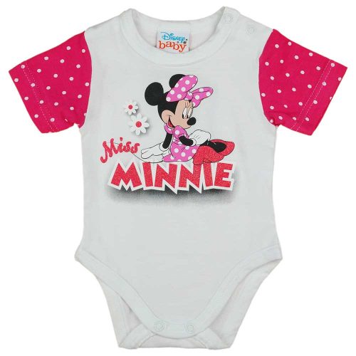 Rövid ujjú baba body csillámos Minnie egér mintával fehér színben