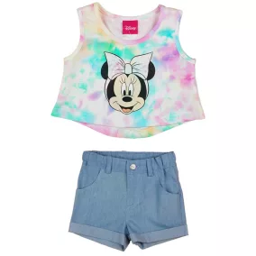 2 részes rövidnadrágos kislány szett Minnie egér mintával batikolt szivárványos színben