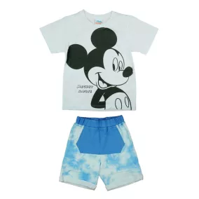 2 részes batikolt rövidnadrágos kisfiú nyári szett Mickey egér mintával kék és fehér színben