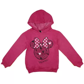 Kapucnis lány pulóver Minnie mintával padlizsán színben