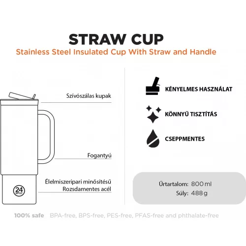 24BOTTLES Straw Cup 800ml rozsdamentes acél bögre szívószállal, Flamingo