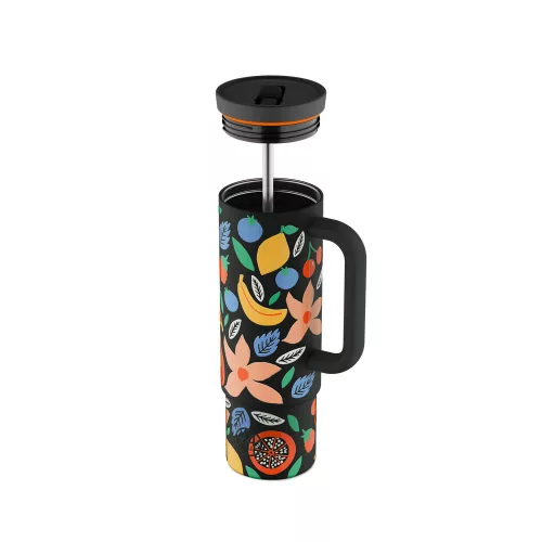 24BOTTLES Straw Cup 800ml rozsdamentes acél bögre szívószállal, Tropical Noir